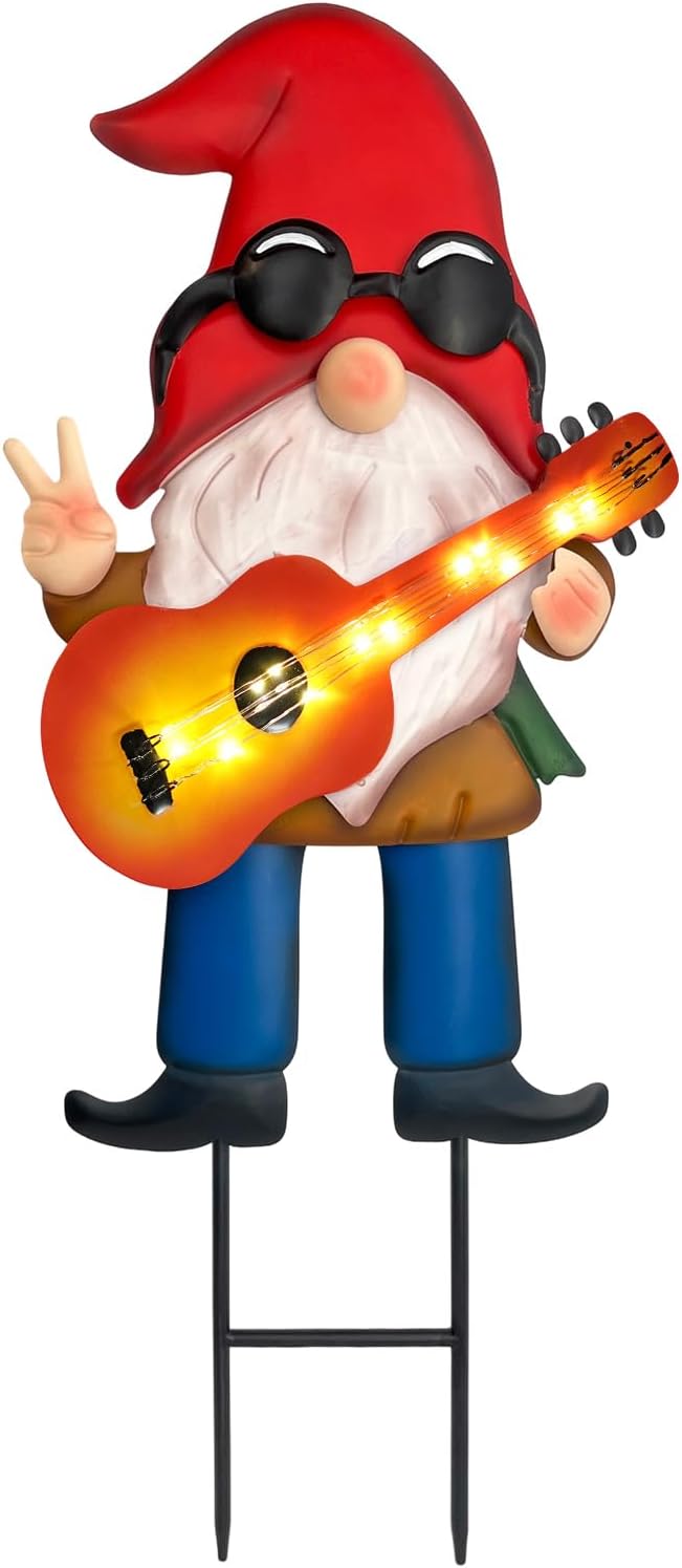 28" Solar Garden Gnome Decor with Light Up Guitar - Outdoor Decorative Stake for Patio, Yard & Lawn | Unique Rock Music Gnome Decor