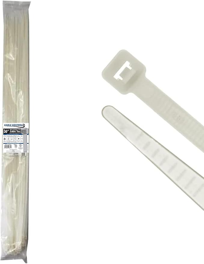 Kable Kontrol Heavy Duty Cable Zip Ties 50 Pcs 36 Inch, Natural White, 175 Lbs Tensile Strength, Self-locking Nylon Clear Plastic Wire Ties wraps for Indoor or Outdoor Use
