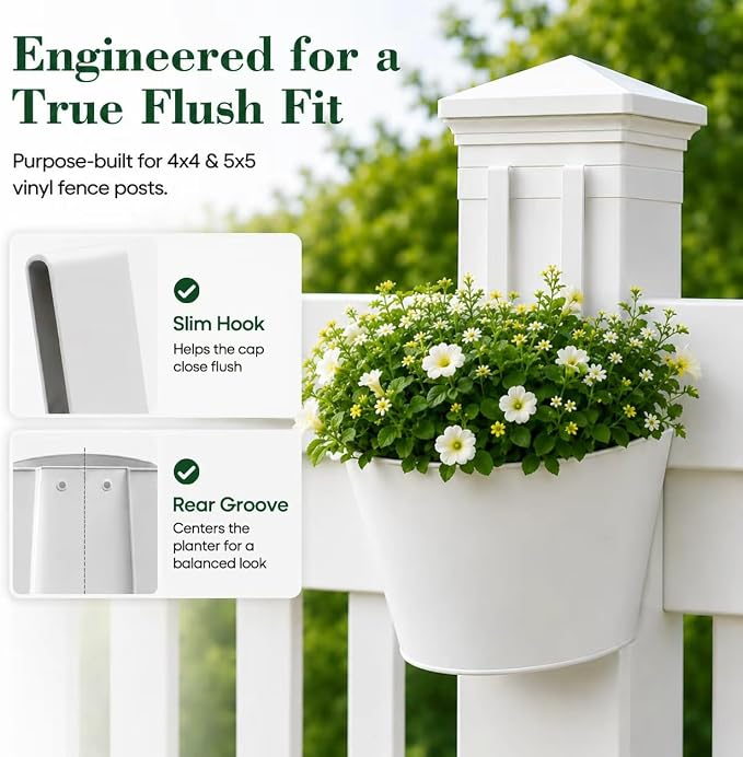 4 Pack White Metal Fence Post Planter for 4x4 & 5x5 PVC Vinyl Fence, No-Drill Hanging Flower Pots for Outdoor Plants, Flush Fit Planters with Drainage for Garden Yard Outdoor Decor