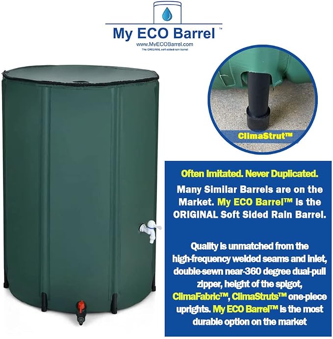 My ECO Barrel™ Rollable/Compressible 132 Gallon Rainwater Harvesting Barrel – Large Rainwater Collection System – High Frequency Welded Seams Plus 360° Zipper, Portable Water Storage Tank; BPA Free