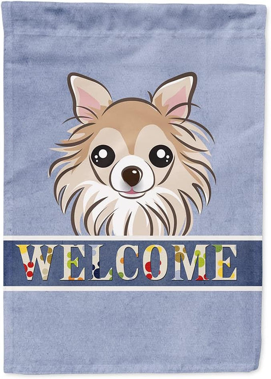 Caroline's Treasures BB1437CHF Chihuahua Welcome House Flag, Blue Large Porch Sleeve Pole Decorative Outside Yard Banner Artwork Wall Hanging, Polyester, House Size, Multicolor
