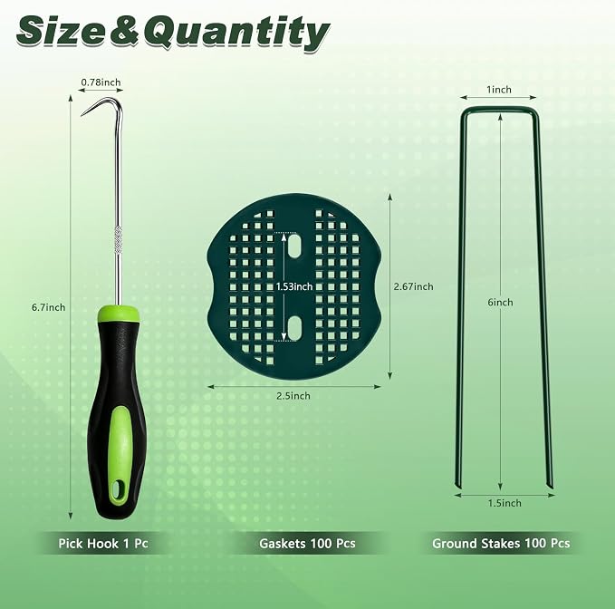 FEED GARDEN 6 Inch 100 Pcs Galvanized Landscape Staples 100 Pcs Gaskets Pick Hook Garden Stakes 11 Gauge Anti-Rust Landscaping Fabric SOD Pins U Shaped Yard Turf Stakes for Weed Barrier Fabric Green