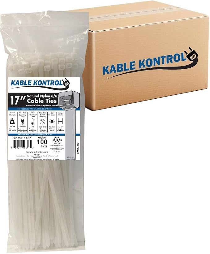 Kable Kontrol Cable Zip Ties Natural White 1,500 Pcs 17 Inch, 175 Lbs Tensile Strength, Bulk Pack, Self-locking Natural Nylon Clear Plastic Wire Ties wraps for Indoor or Outdoor Use