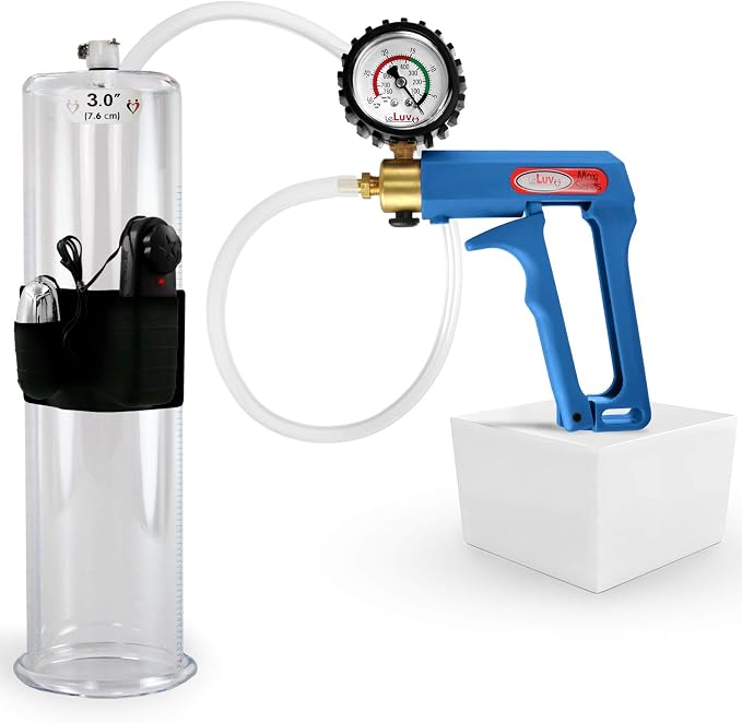 LeLuv Vibrating Penis Pump Maxi Blue Handle + Protected Gauge - Bundle with Clear Hose - 12 inch Length x 3 inch Diameter Cylinder