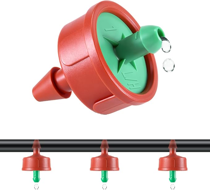 100 PCS 0.25 GPH Pressure Compensating Drip Irrigation Spot Watering Drippers/Emitters, Anti-Clog Self-Cleaning Drip Irrigation Emitters Heads Irrigation Drippers Parts for Seedlings, Mini Gardens