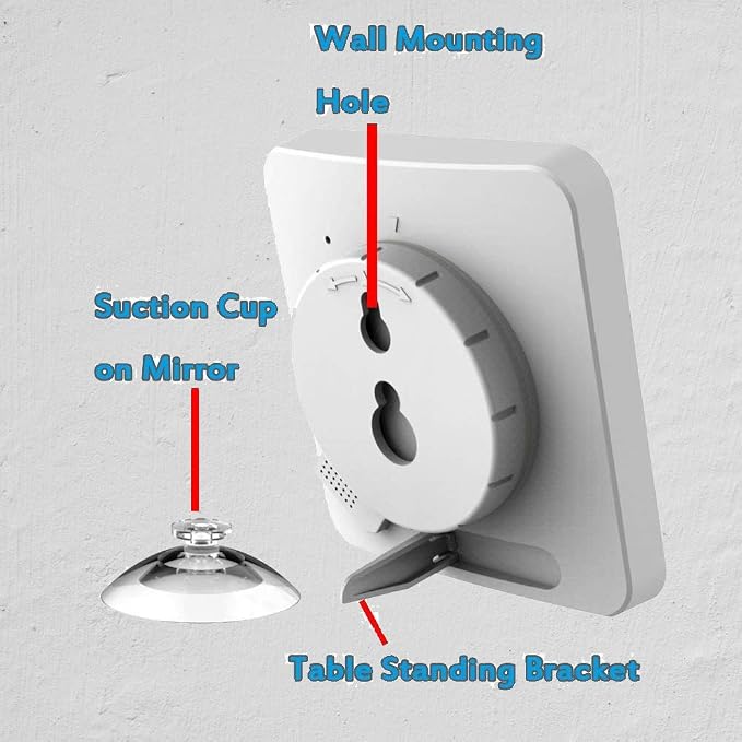 Waterproof Bathroom Wall Clock and Timer, Digital Water Resistant Hanging Timer for Shower, Large Display Kitchen Cooking Countdown Timers, Mirror Suction Clock with Temperature Humidity Meter (White)