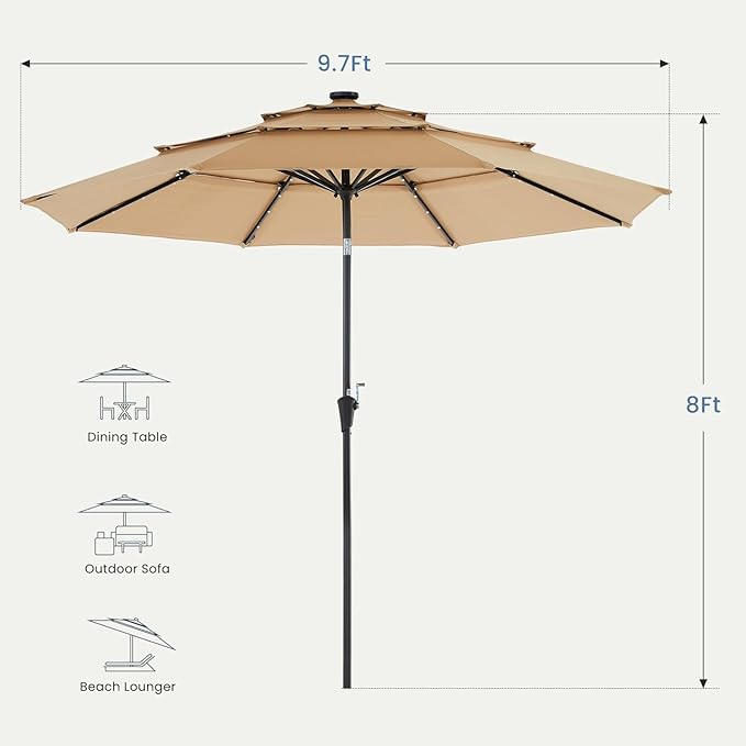 DUMOS Outdoor Solar Patio Umbrella 3 Tiers with 32 LED Lights, Beach Market Table Umbrella with Crank and 8 Sturdy Ribs for Pool, Terrace, Restaurant