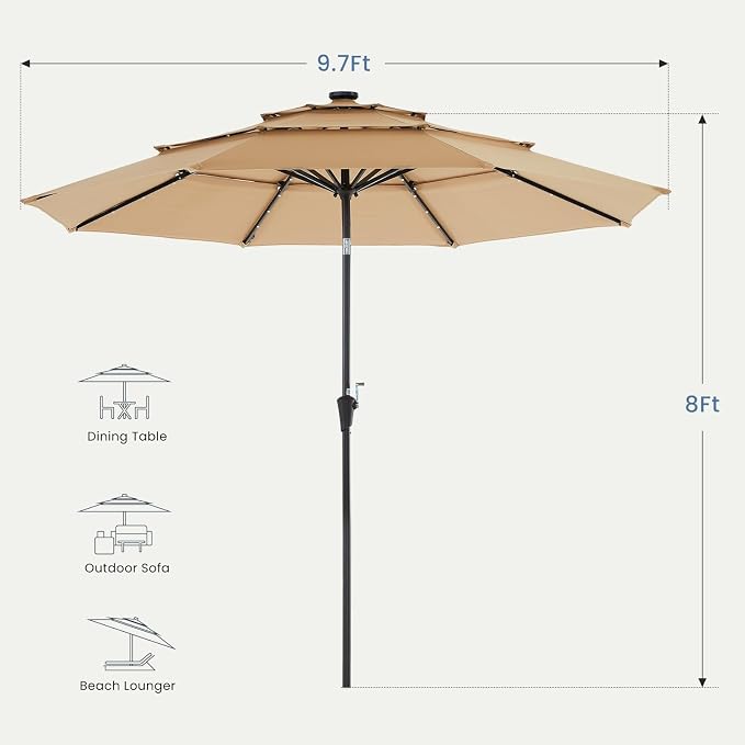 DUMOS Outdoor Solar Patio Umbrella 3 Tiers with 32 LED Lights, Beach Market Table Umbrella with Crank and 8 Sturdy Ribs for Pool, Terrace, Restaurant