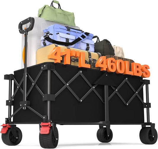 41" L Collapsible Large Wagon Cart Foldable, 460LB Weight Capacity 220L Heavy Duty Folding Beach Wagons with Big All-Terrain Wheels, Utility Carts for Camping, Garden, Shopping, Sports, Black