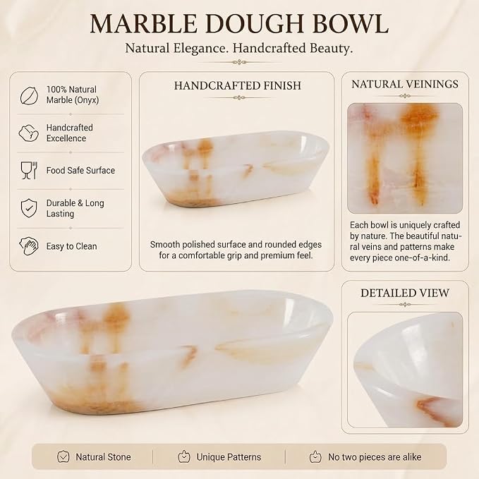 Radicaln Marble Dough Bowl 10" Inches White Onyx Handmade Oval Bowl For Kitchen Table Décor, Ideal Candy Bowl, Decorative Bowl and Marble Bowl For Keys Entryway Table