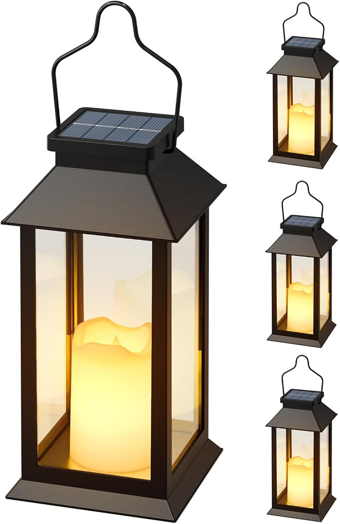 Otdair 4 Pack Solar Lanterns Outdoor Waterproof, 8.62" Solar Lantern with Glass Retro LED Flickering Flameless Candle,Lanterns Decorative Outdoor for Gift, Yard, Garden, Patio, Balcony,Porch, Party