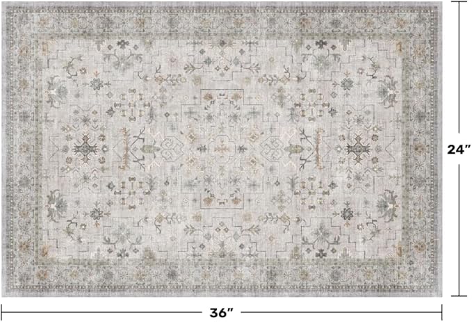 Washable 2x3 Throw Rugs for Entryway, Front Door Mat, Low Pile Non-Slip Small Area Rugs for Kitchen, Bathroom, Powder Room, Mudroom, Neutral Light Gray & Sage with Floral Accent