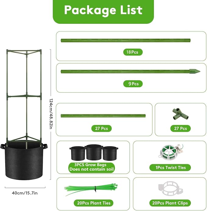 3 Pack Tomato Cage with 10 Gallon Grow Bags, 48" Height Adjustable Tomato Trellis with 65Ft Twist Tie, Heavy Duty Tomato Cages for Garden Flowers Vegetables Climbing Plants