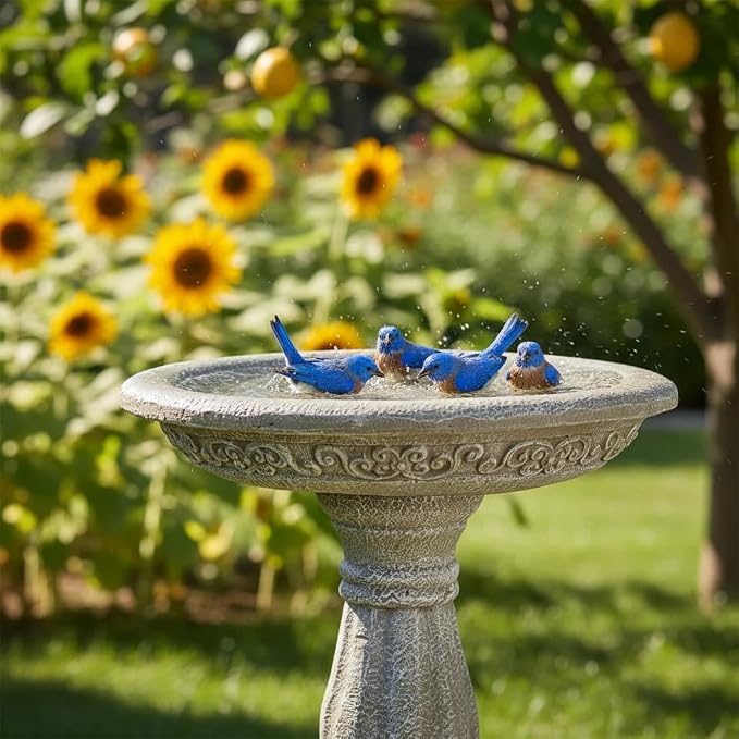 SunJet 23.8 Inch High Concrete Bird Bath with Carved Pedestal – Birdbath Sturdy & Elegant Design, Stone-Like Texture, Attracts Birds and Enhances Garden, Patio, Yard, Lawn Decor