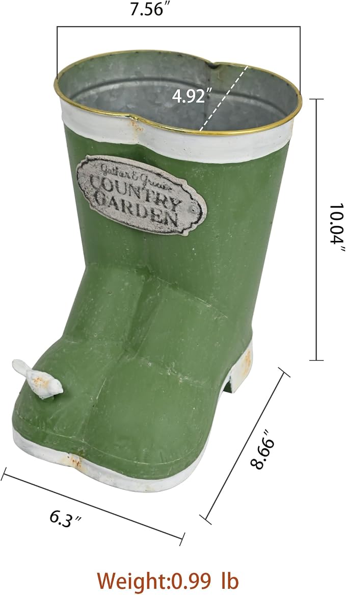Vintage Green Rain Boot Planter, Country Garden Metal Boot Flower Pot, Rustic Farmhouse Decorative Planter for Indoor Outdoor Succulents, Herbs, Garden & Porch Decor