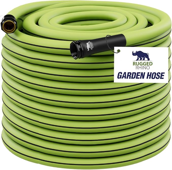 RUGGED RHINO Heavy Duty Garden Hose 75ft x 5/8in, Anti-Kink and Leakproof, Durable 4-Layer Construction, 500 PSI Burst, All Weather Outdoor Watering for Lawn, Garden, Flowers, Green and Black