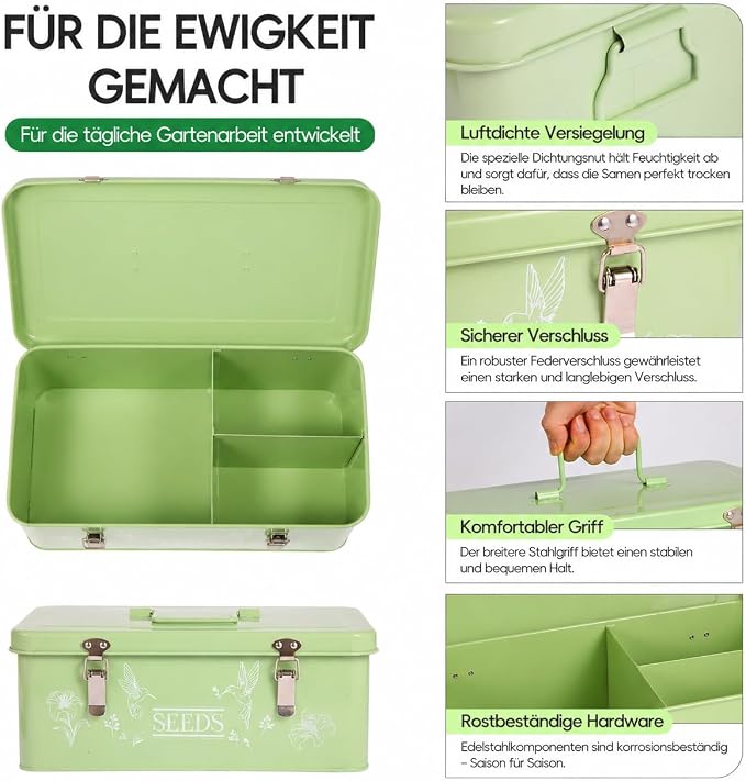 60 Slots Seed Organizer Storage Box with 3 Compartments,Large Metal Garden Seed Organizer with Lid&Safety Locks,Seed Saver Bin 50 Plant Labels 60 Seed Envelopes,Professional All-In-One Seed Saving Kit