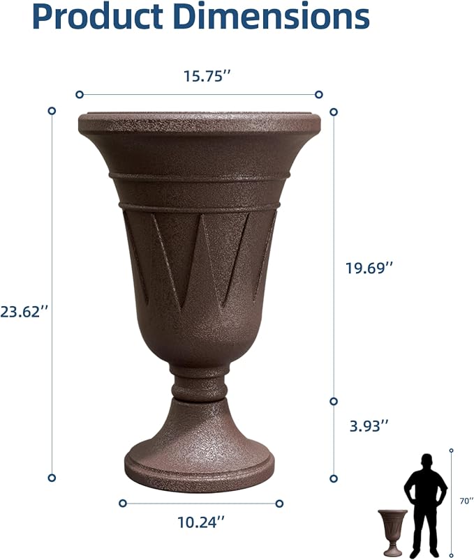 Tall Urn Planters for Outdoor Plants Set of 2-23.6" H Vintage Trophy Design Outdoor Planters for Porch Decor with Drainage Hole, Indoor Large Flower Pots, Pedestal Planter/Garden Vase, Brown