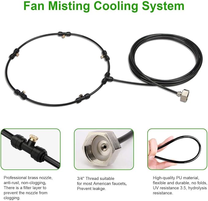 Outdoor Misting Fan Kit for a Cool Patio Breeze,Water Mister Spray for Cooling Outdoor,26FT (8M) Misting Line + 5 Brass Mist Nozzles + a Brass Adapter(3/4) Fit to Any Outdoor Fan