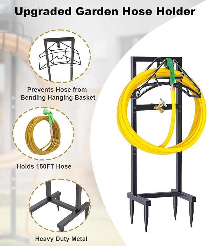 Artigarden Outdoor Garden Hose Holder Freestanding with Brass Faucet And 4 Spikes, Heavy Duty Metal Water Hose Reel Stand Hanger Rack Organizer Holds Storage 150ft Hose for Outside Yard Lawn, Black