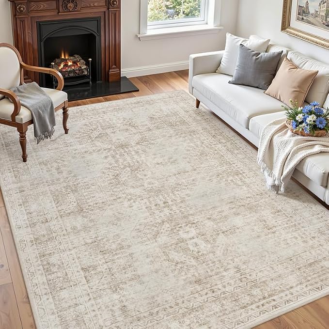 4x6 Area Rugs Living Room: Bedroom Neutral Washable Carpet Brown | Vintage Boho Soft Small Indoor Decor Floor Non-Slip Low Pile Neutral Farmhouse Entryway Laundry Bathroom Bedroom Beside Rugs