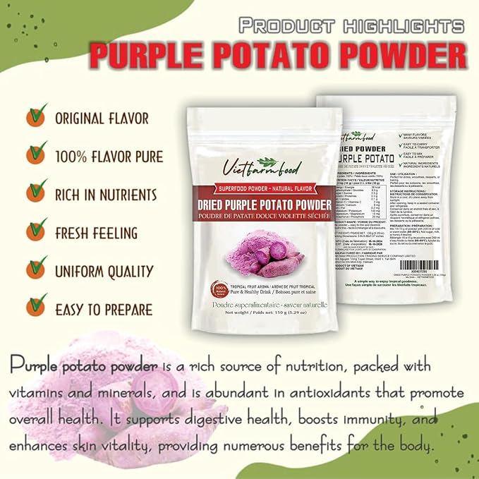 PURPLE POTATO POWDER 5.29 oz (150g) VIETFARMFOOD: Pure freeze-dried vegetable powder, made from real vegetables with no added sugar - Perfect for daily nutrition to keep your body full of vitality