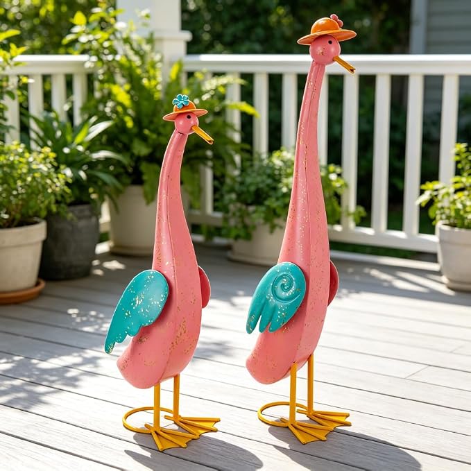 22" Duck Garden Statue Set of 2 Metal Ducks | Outdoor Yard Art Porch Animal Figurine Lawn Ornament Rustproof Yard Sculptures for Outside Patio Backyard Decorations