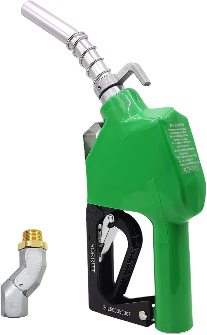 3/4" Inch NPT Auto Fuel Nozzle Automatic Shut Off Pressure Sensitive W/360° Hose Swivel Gas Fuel Transfer Pump Nozzle,13/16" Spout,Copper Valve, 16 gpm Flow Rate for Diesel,asoline,Green+Hook