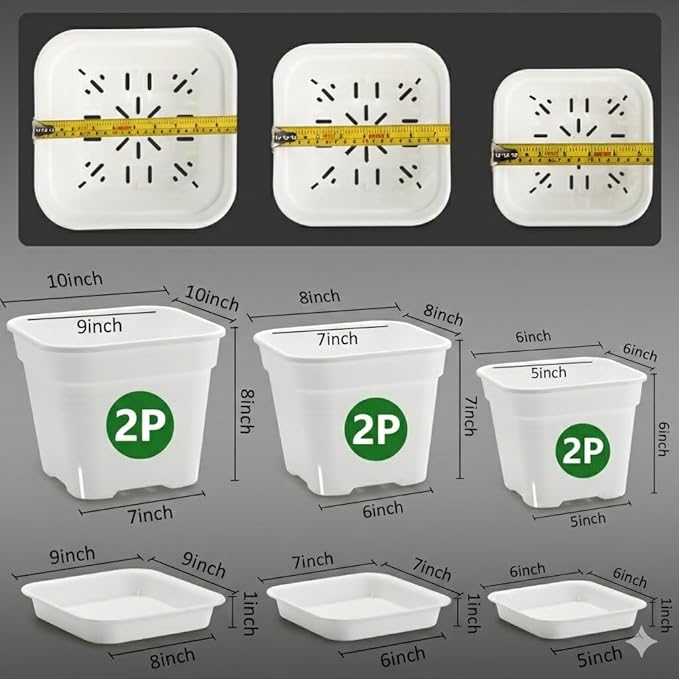6 Pack 6/8/10 Inch Square Plant Pots with Saucers - 24-Strip Airflow Drainage for Root Health - Heavy Duty 5mm Thick White Plastic Orchid Planters for Indoor Outdoor Flowers, Herbs & Succulents