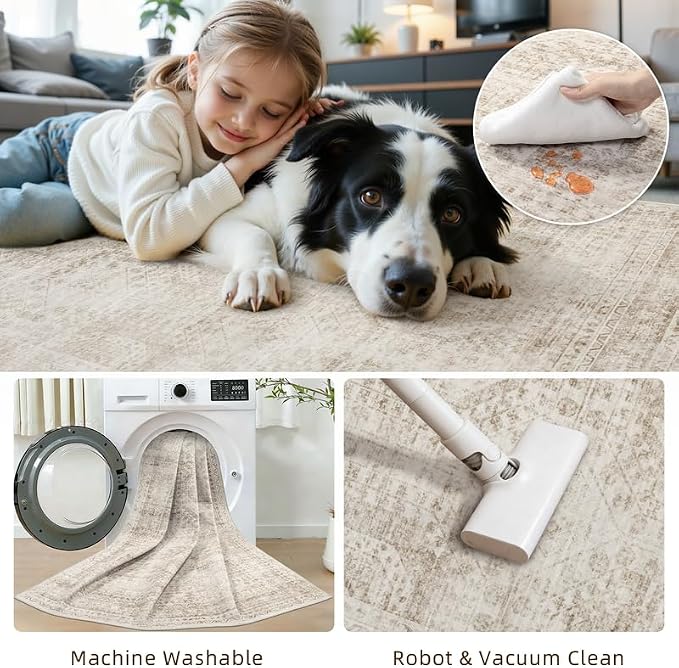 2'6''x8' Hallway Washable Runner Rug: Neutral Kitchen Carpet Brown | Vintage Boho Soft Small Indoor Decor Floor Non-Slip Low Pile Neutral Farmhouse Entryway Laundry Bathroom Bedroom Beside Rugs