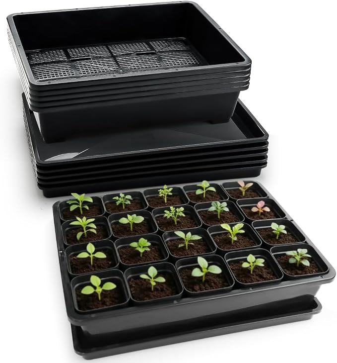 RooTrimmer 5 Pack Soil Blocking Trays with 2.8 inch (7CM) Square Nursery Pots 100pcs, Plastic Flat Plant Tray for Holding or Collecting Drainage Water, Seed Starter Tray for Seed Germination (Black)