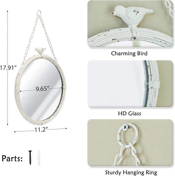 NIKKY HOME 11 Inch Decorative Small Hanging Mirrors Vintage Rustic Round Metal Framed Wall Mounted Mirror Decor with Bird for Bathroom Living Room Office, Rustic White