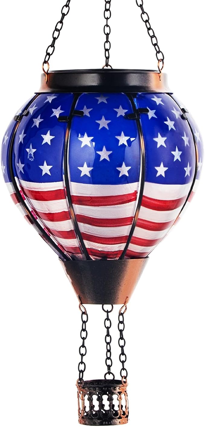 Larekook Solar Hot Air Balloon Lantern with Flickering Flame Light,Glass Outdoor Garden Decor,Hot Air Balloon Solar Lantern Outdoor Waterproof Hanging Light for Yard Patio Porch Lawn(American Flag)