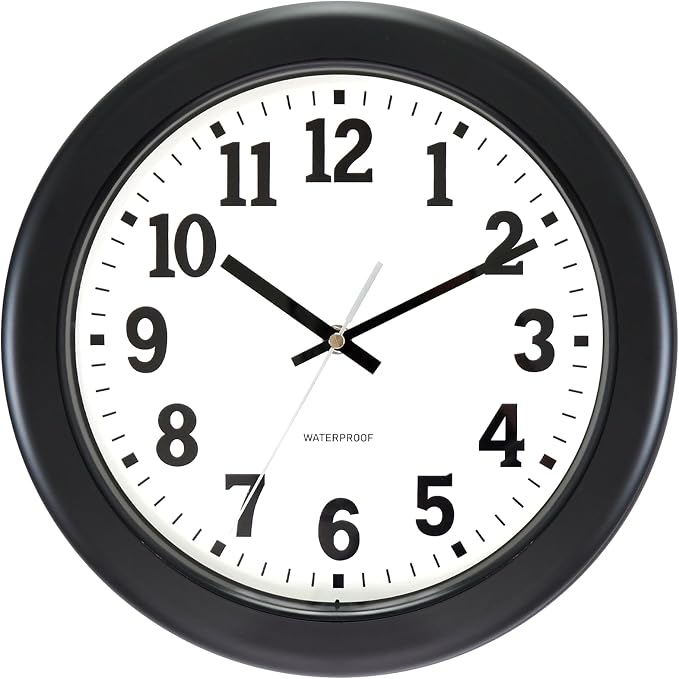 Caysie 12 Inch Sealed Indoor Outdoor Clock Waterproof, Silent Battery Operated Weatherproof Wall Clocks for Pool Patio Outside Home (Black)