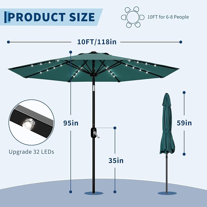 Patio Umbrella with Solar Lights, Outdoor Table Umbrella with 8 Durable Ribs, Tilt & Crank Mechanism, Water & UV Protection Sun Shade Umbrella for Garden, Poolside, Backyard (Turquoise, 10 FT)