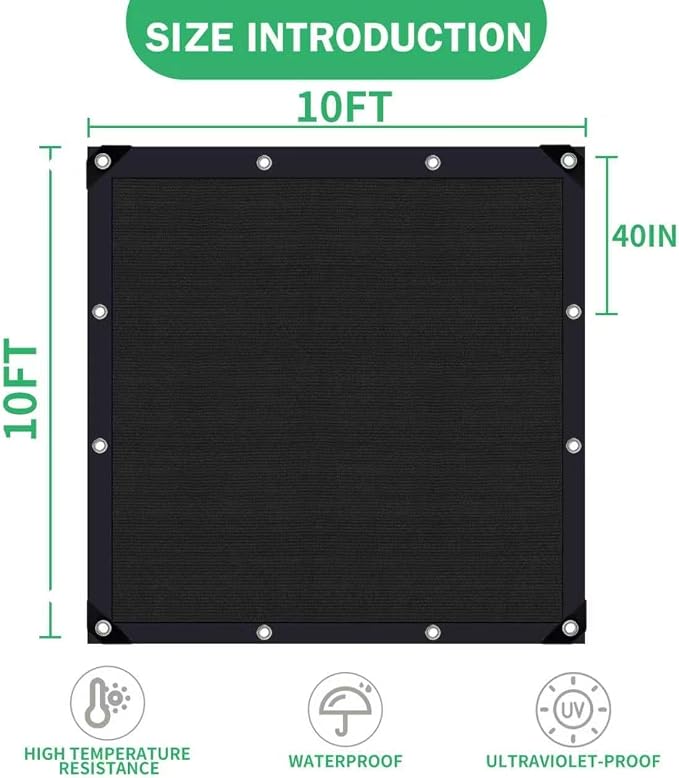 Black Shade Cloth 90% UV Resistant, 10x10 FT Heavy Duty Mesh Tarp with Reinforced Lock-Stitched Edges & Grommets for Plants, Dog Kennels, Chicken Coops, Patio Privacy and Outdoor Garden Protection