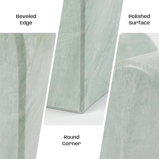 Marble Bookends for Shelves, Decorative Book Ends, 13lbs Heavy-Duty Marble Book Holders, Stone Bookshelf Decor, Light Green