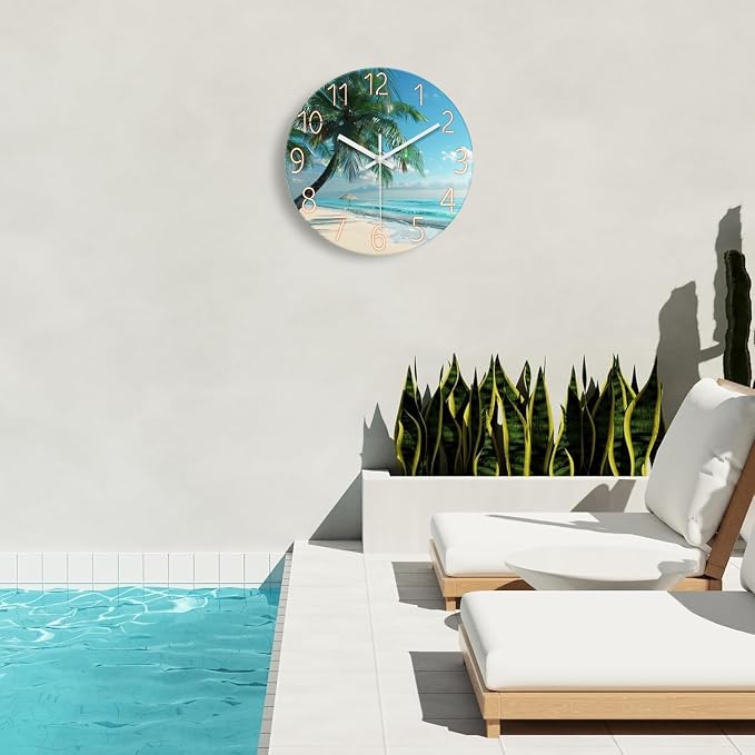 XFM Large Tropical Beach Wall Clock Silent Non-Ticking 24 Inch | Silent Non-Ticking Battery Operated Blue Modern Glass Palm Tree Decorative for Living Room Kitchen Bedroom Office