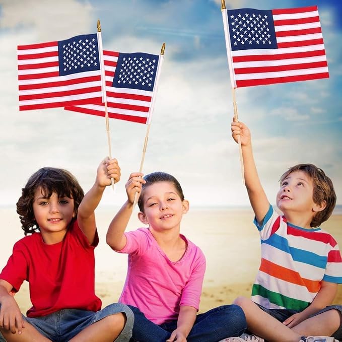 Pack of 100 American Flags with wood Stick, 12x18 Inch American Flags for outside, US Flags/American Hand Held Stick Flags with Kid-Safe Spear Top, Perfect for Patriotic Decorations, Parades, Veteran Party,4th of July decorations