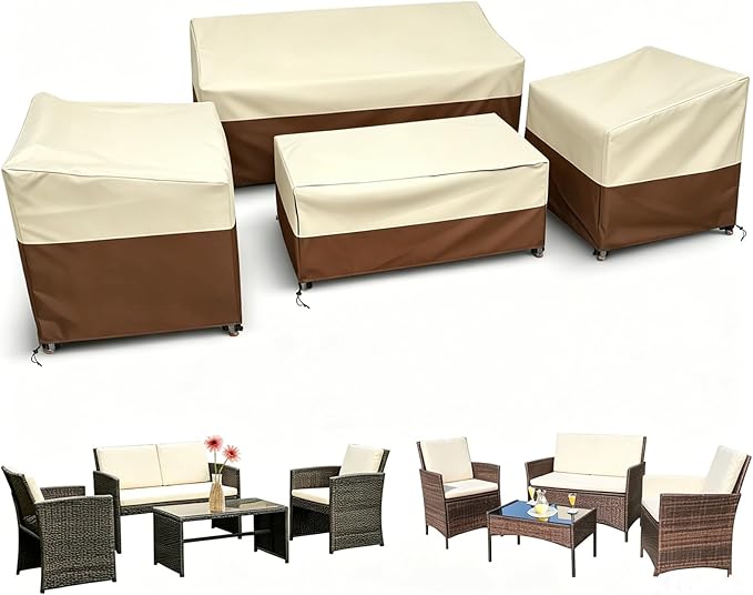STARTWO Outdoor Furniture Cover Waterproof, 600D Heavy Duty, 4 Piece Patio Furniture Set Cover for Outside Couch, Lawn Chairs, Coffee Table, Windproof with Buckle Strap, Beige