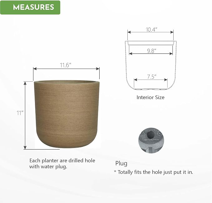 11 Inch Faux Wood Planter, Sandy Brushed Plastic Plant Pot with Drain Hole & Stopper, Lightweight Rustic Flower Pot for Indoor Outdoor, UV & Frost Resistant, Natural Wood Look