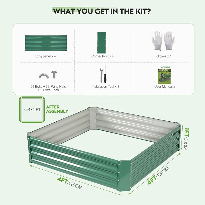 2 Pcs 4x4x1ft Galvanized Raised Garden Bed Outdoor, Metal Planter Boxes with Easy Assembly, Planter Raised Beds for Gardening, Flower, Plants, Vegetable, Herb - LotusGreen