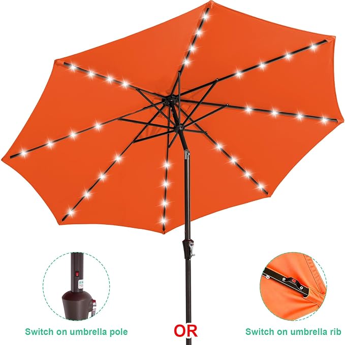 JEAREY 9FT Outdoor Patio Umbrella with Solar Lights, LED Lighted Pool Umbrella with Tilt and Crank, Outdoor Table Umbrellas for Deck, Yard & Market (Orange)