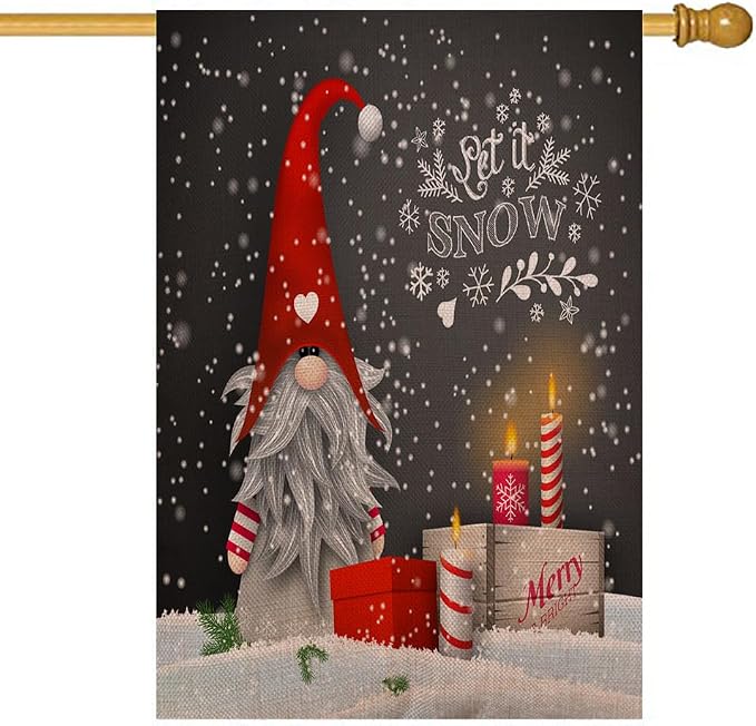 EMMTEEY Gnome Garden Flag Cute Gnome Let It Snow Burlap Garden Flags Large House Flags 28 X 40 Double Sided Winter Flags for Outside Welcome Flag for Winter Christmas Decoration