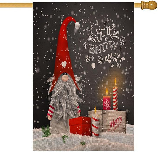 EMMTEEY Gnome Garden Flag Cute Gnome Let It Snow Burlap Garden Flags Large House Flags 28 X 40 Double Sided Winter Flags for Outside Welcome Flag for Winter Christmas Decoration