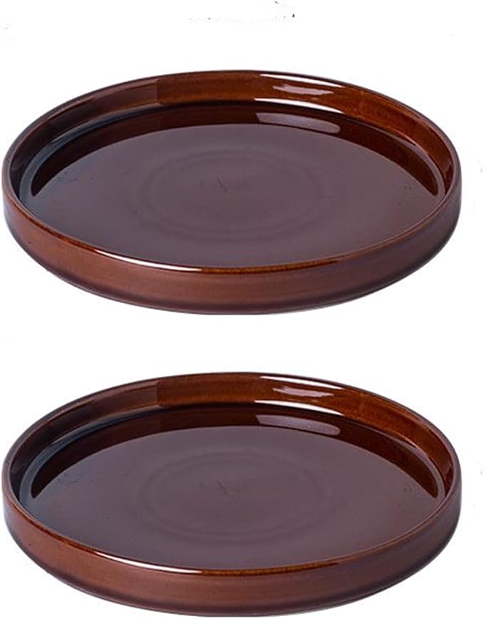 Ceramic Plant Saucer 7 Inch, 2 Pack Round Plant Trays for Indoors/Outdoors, Flower Pot Saucers for Holding Water Drips and Soil, Ceramic Drainage Tray for Plant Pot (Reactive Glaze Brown)