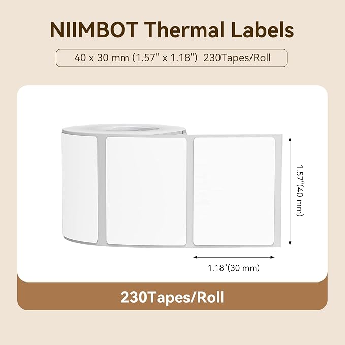 NIIMBOT Labels for B1/B21/B31 Label Maker, 40 x 30 mm (1.57'' x 1.18'') 230 Tapes/Roll, Thermal Label Tape, Waterproof, Oil-Proof for Home Office Small Business Labeling Tape Replacement(White)