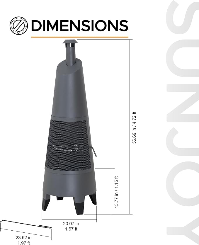 SUNJOY 2-in-1 Chiminea Fire Pit & Grill, 57" Tall Outdoor Fireplace with Removable Stainless Steel Grill Grate, Spark Screen & PVC Cover for Patio, Backyard, Cooking - Grey