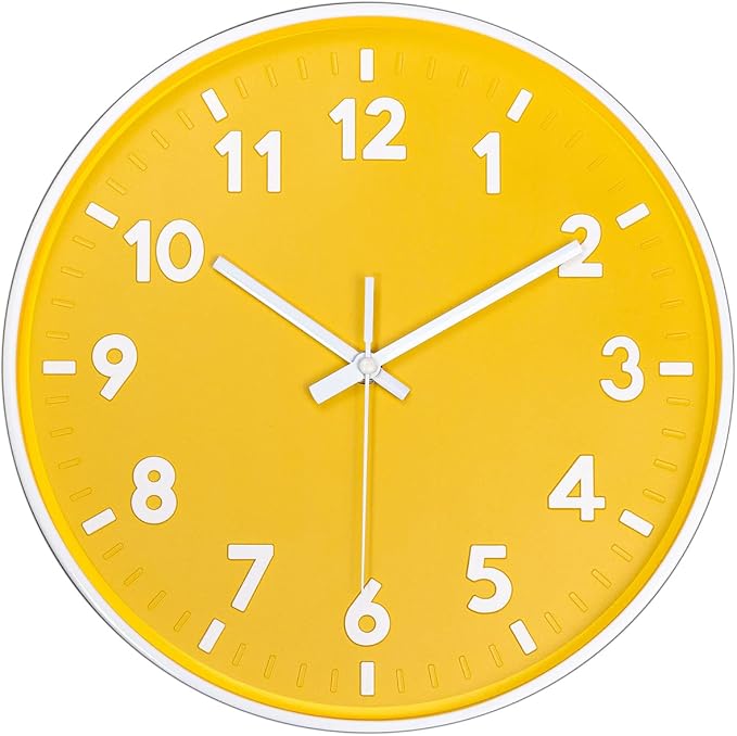 JENLYSTIME 12 Inch Modern Indoor Outdoor Clock,Round Bright Colorful Dial,Non Ticking Silent Quartz Battery Operated Wall Clocks,Easy to Read Simple Style Decor Clock for Bedroom,Kitchen(Yellow)