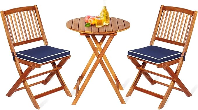 FANTASK 3 Pieces Folding Acacia Wood Bistro Set, Patio Furniture Set with Cushions & 1 Round Table, Indoor Outdoor Bistro Table and Chairs Set of 2 for Patio, Garden, Poolside, Porch, Lawn (Navy)